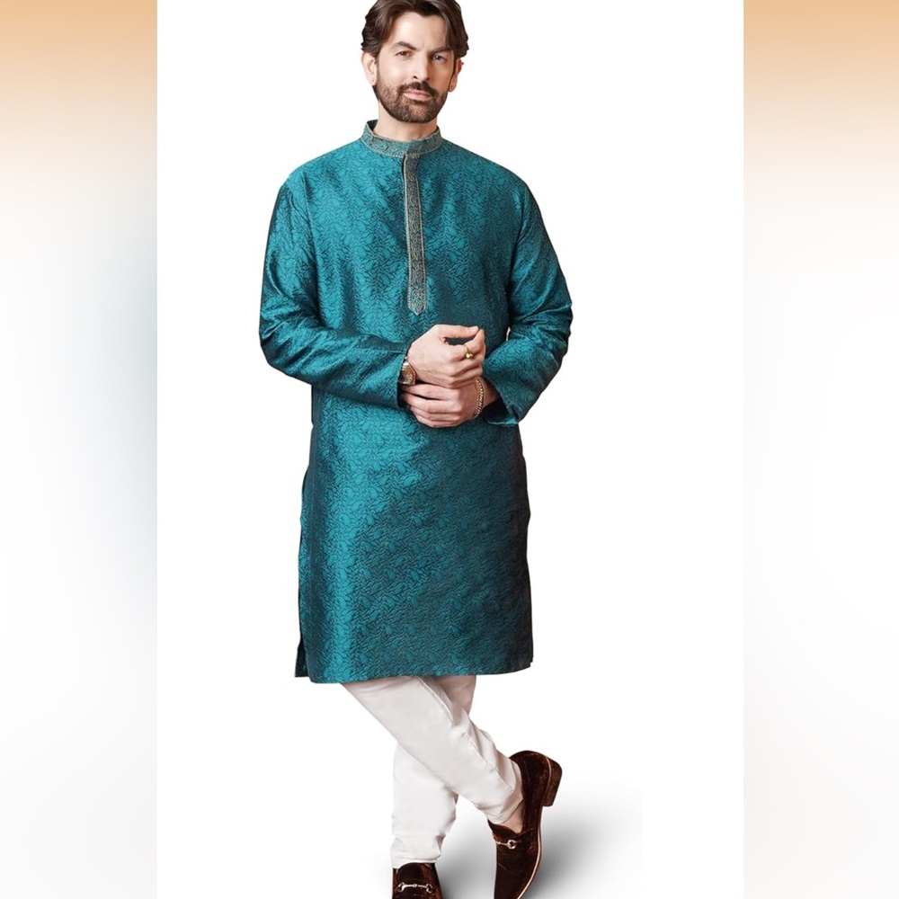Men's Teal Embroidered Kurta - Classic Ethnic Wear